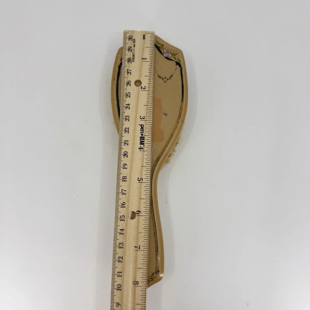Vtg Beveled Faux Woodgrain Vanity Hair Brush Crest Shape‎ Floral Design 8.25